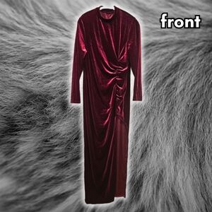 velvet long-sleeved high neck dress with leg slit size 2XL in deep red burgundy